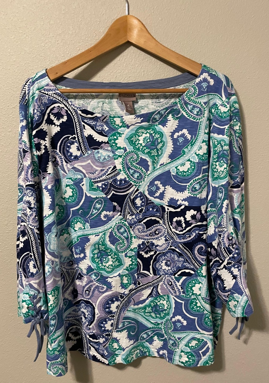 Chicos Tunic Top Womens Size 4 US XXL Multicolor Paisley Scoop 3/4 Sleeve Boho